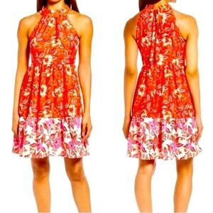 Eliza‎ J Fit & Flare Halter Tiered Ruffle Dress Coral Floral